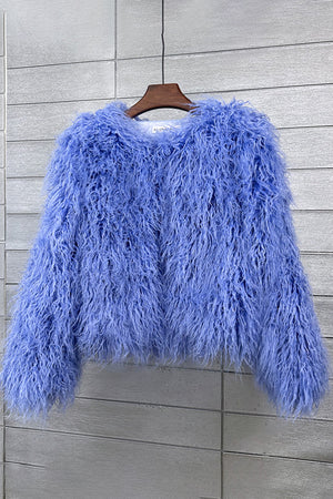 mongolian lamb fur jacket womens curly short coat in blue Alicefurs