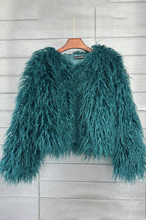 mongolian lamb fur jacket womens curly short coat in dark green Alicefurs