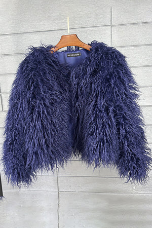 mongolian lamb fur jacket womens curly short coat in navy blue Alicefurs