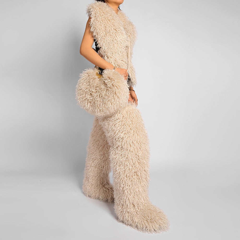 Mongolian Thigh High Fur Boots and Matching Purse for Women