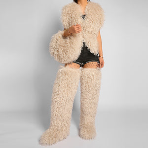 mongolian thigh high fur boots and matching purse for women in beige Alicefurs