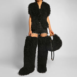 mongolian thigh high fur boots and matching purse for women in black Alicefurs