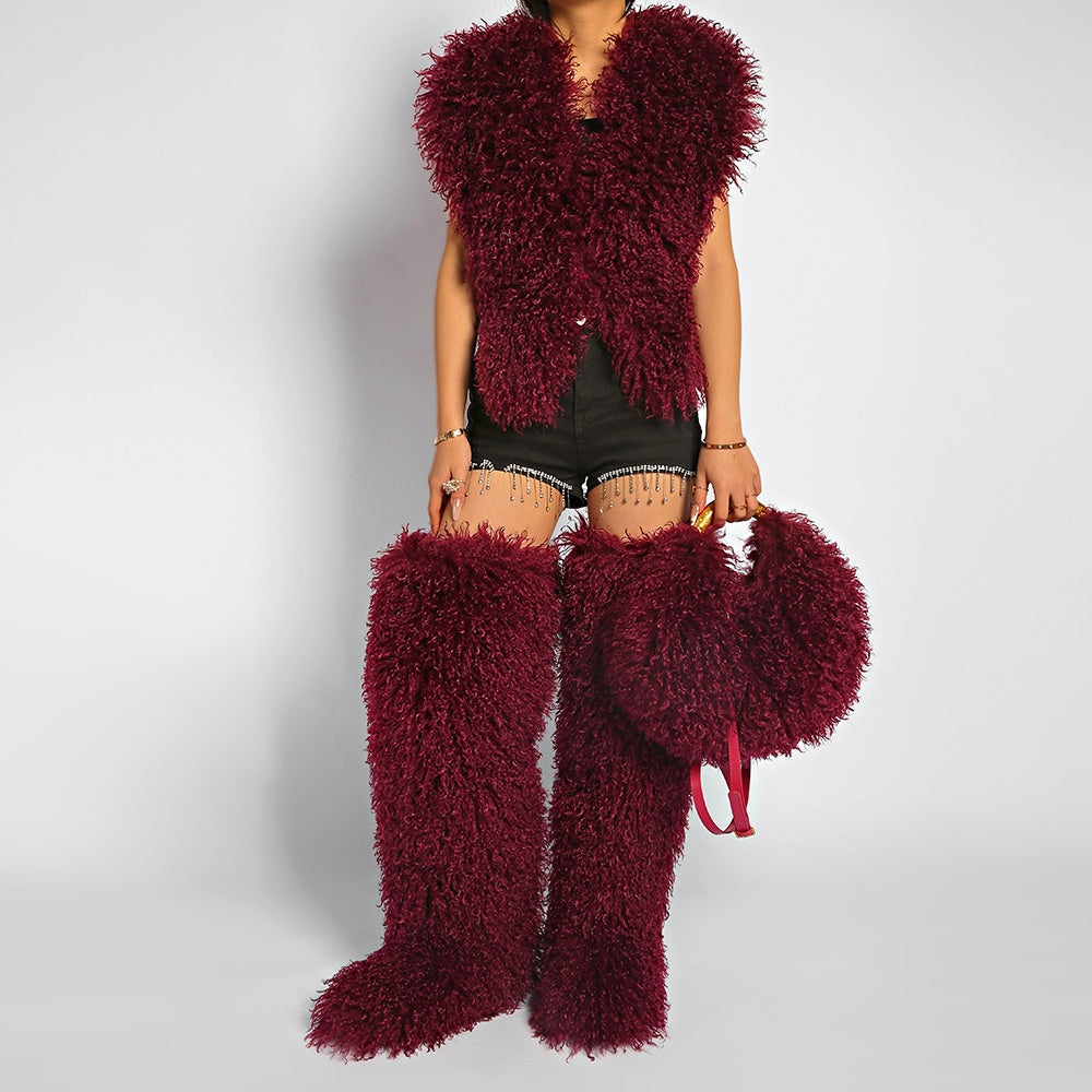 Mongolian Thigh High Fur Boots and Matching Purse for Women