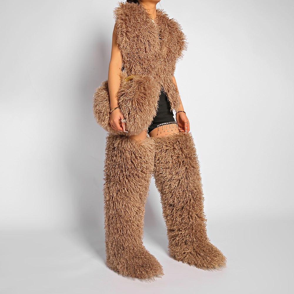 Mongolian Thigh High Fur Boots and Matching Purse for Women