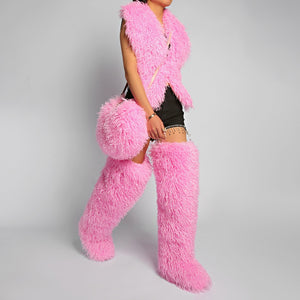 mongolian thigh high fur boots and matching purse for women in pink 1 Alicefurs