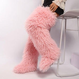 mongolian thigh high fur boots for women in coral pink Alicefurs