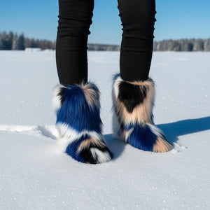 multicolor faux fur boots for women in blue white 1 Alicefurs
