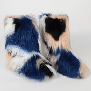 multicolor faux fur boots for women in blue white Alicefurs