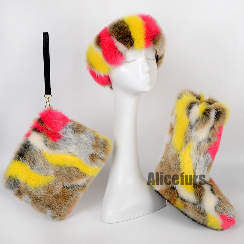 Multicolor Faux Fur Boots Headband Purse 3 Items Set for Women