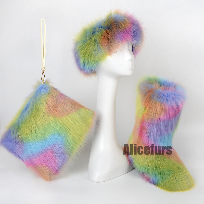 Multicolor Faux Fur Boots Headband Purse 3 Items Set for Women
