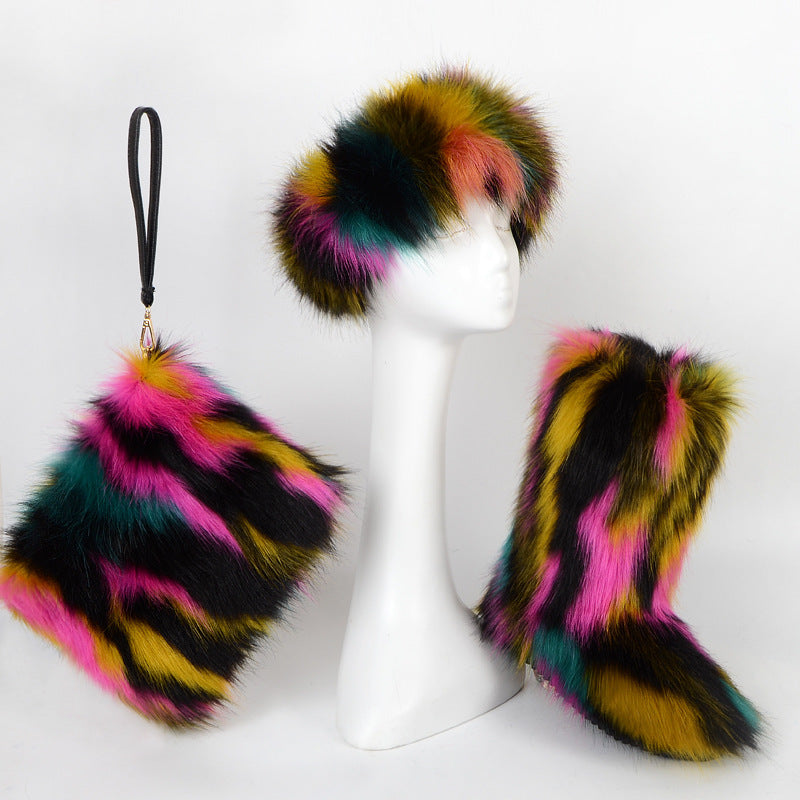 Multicolor Faux Fur Boots Headband Purse 3 Items Set for Women