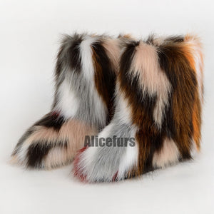 multicolor fluffy boots winter fur booties for women in brown gray Alicefurs