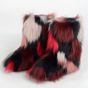 multicolor fluffy boots winter fur booties for women in burgundy Alicefurs