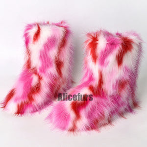 multicolor fluffy boots winter fur booties for women in fuchsia Alicefurs