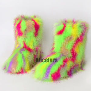 multicolor fluffy boots winter fur booties for women in neon green Alicefurs