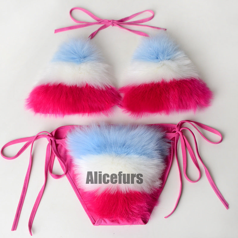 Multicolor Fur Bikinis Fuzzy Bathing Suits
