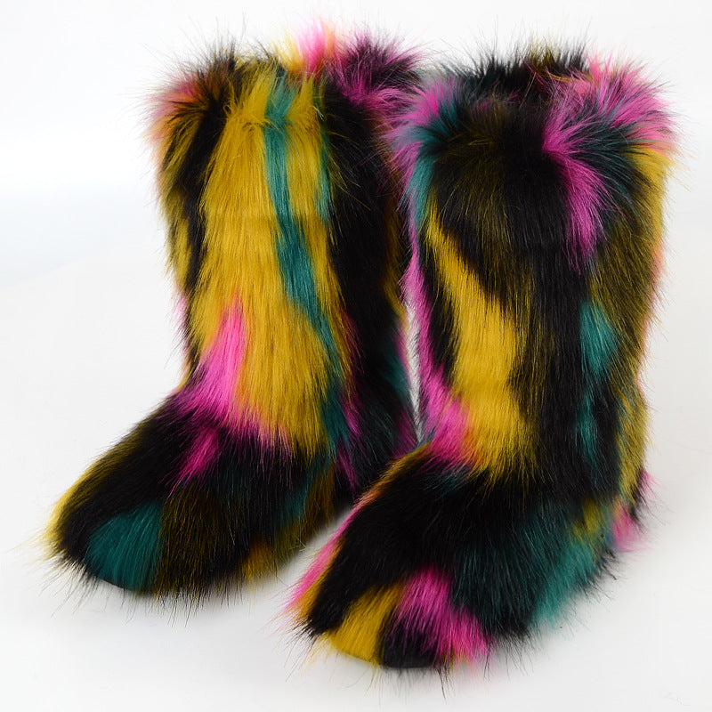 Multicolor Fur Boots Winter Mid Calf Booties for Women