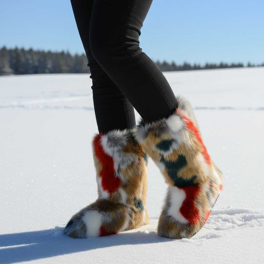 Multicolor Fur Boots Winter Mid Calf Booties for Women