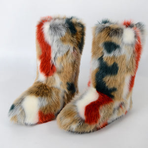 multicolor fur boots winter mid calf booties for women in brown red Alicefurs