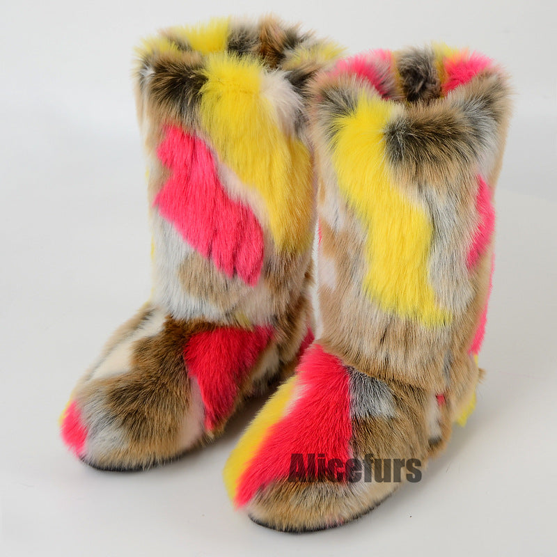 Multicolor Fur Boots Winter Mid Calf Booties for Women