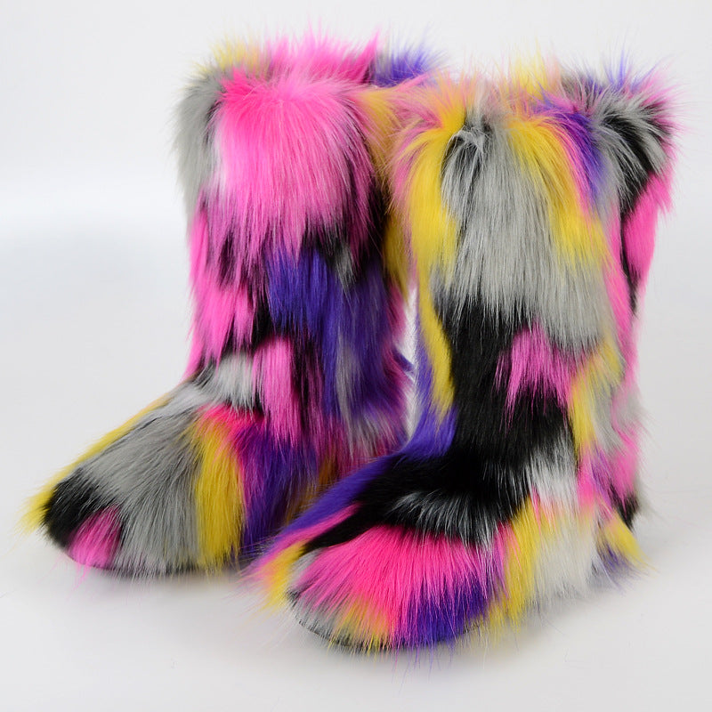 Multicolor Fur Boots Winter Mid Calf Booties for Women