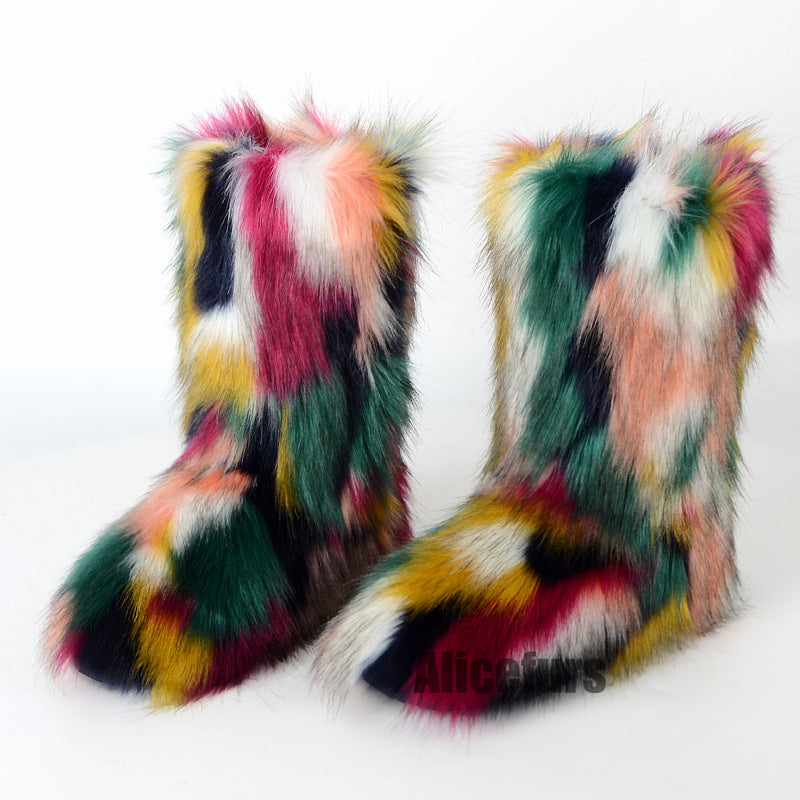 Multicolor Fur Boots Winter Mid Calf Booties for Women