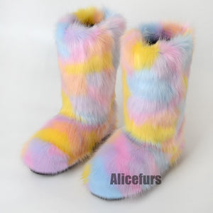 multicolor fur boots winter mid calf booties for women in pastel Alicefurs