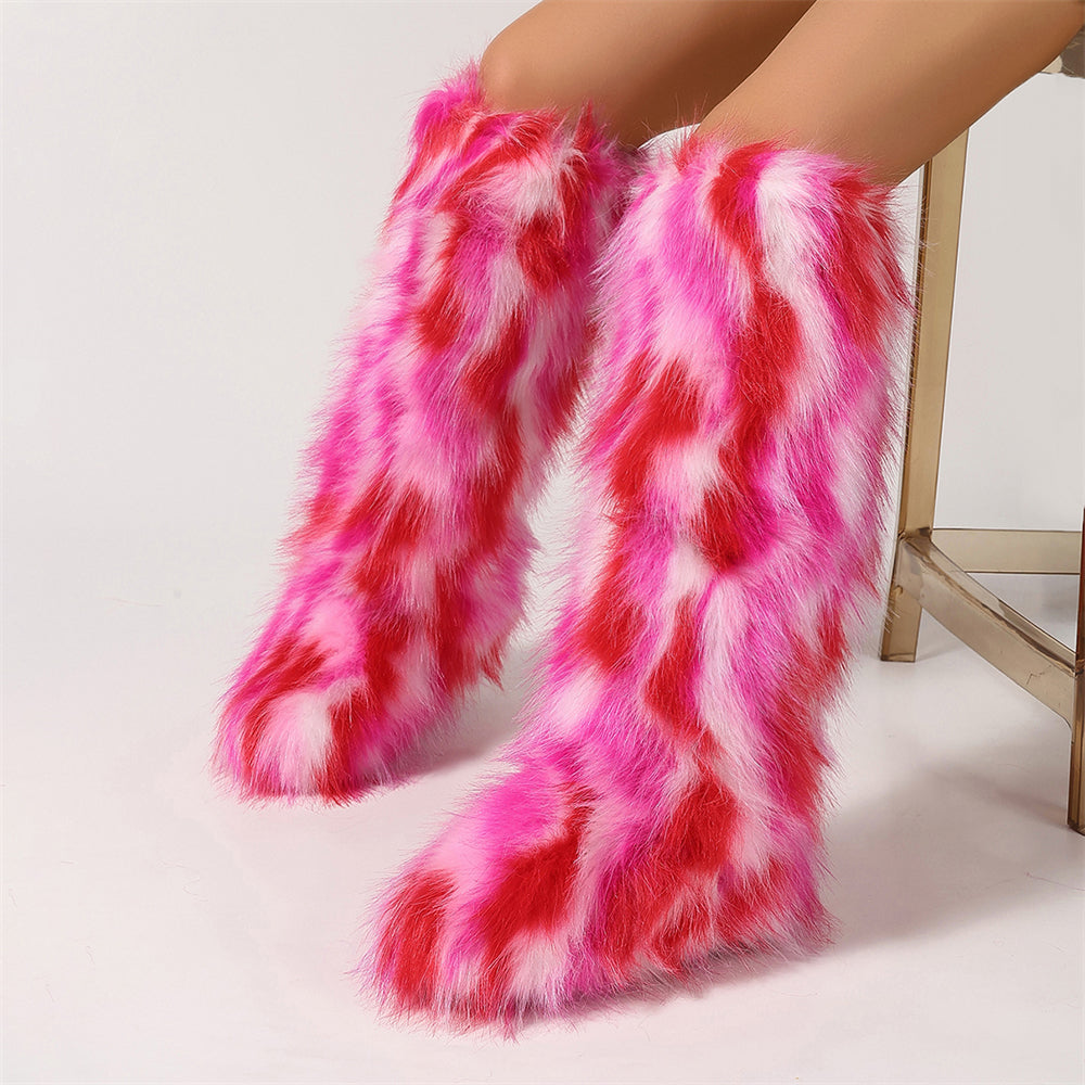Multicolor Knee High Fur Boots for Women