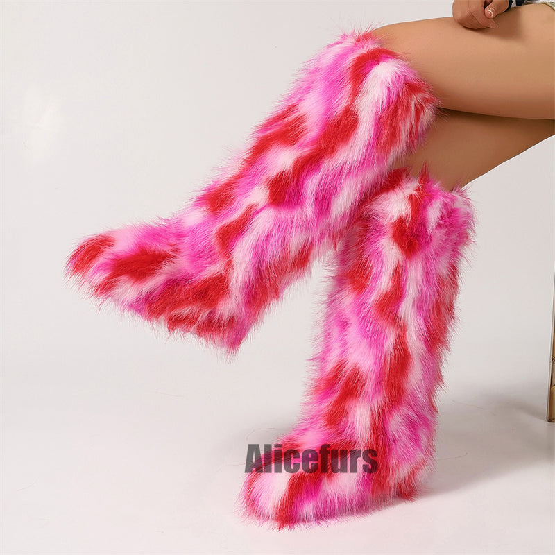 Bottes hautes en fourrure multicolores pour femmes