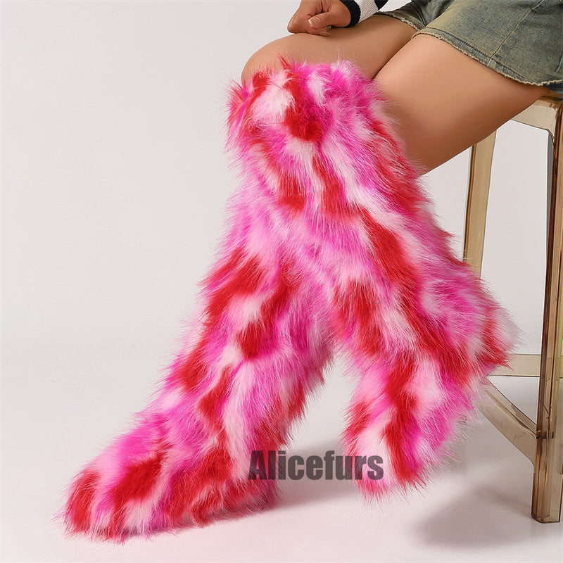 Bottes hautes en fourrure multicolores pour femmes
