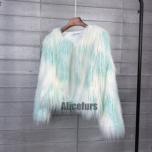 multicolor mongolian fur jacket shaggy short coat for women in blue white 1 Alicefurs