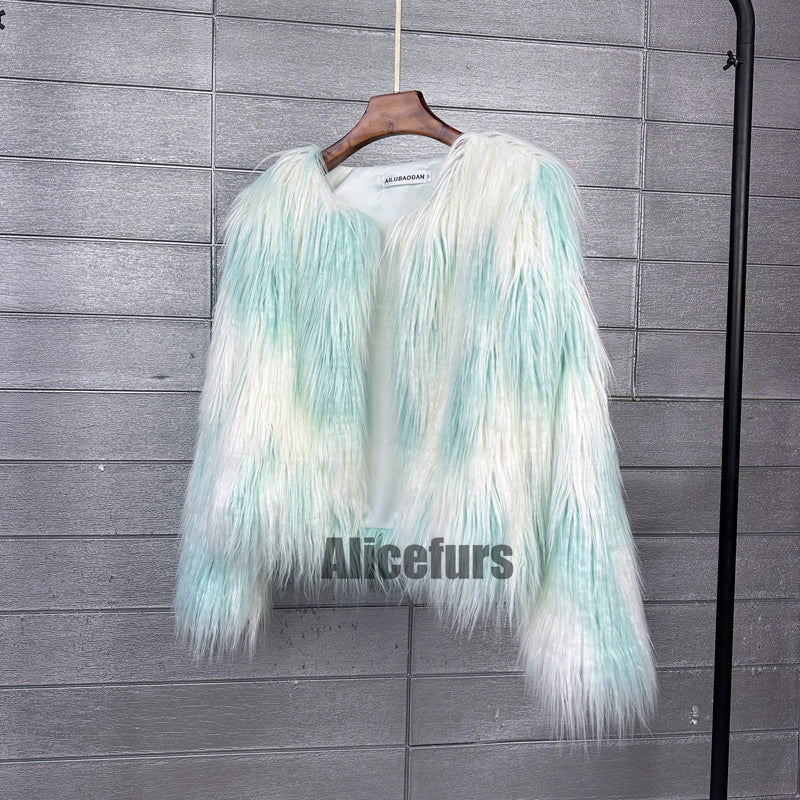 Multicolor Mongolian Fur Jacket Shaggy Short Coat for Women