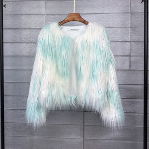 multicolor mongolian fur jacket shaggy short coat for women in blue white Alicefurs