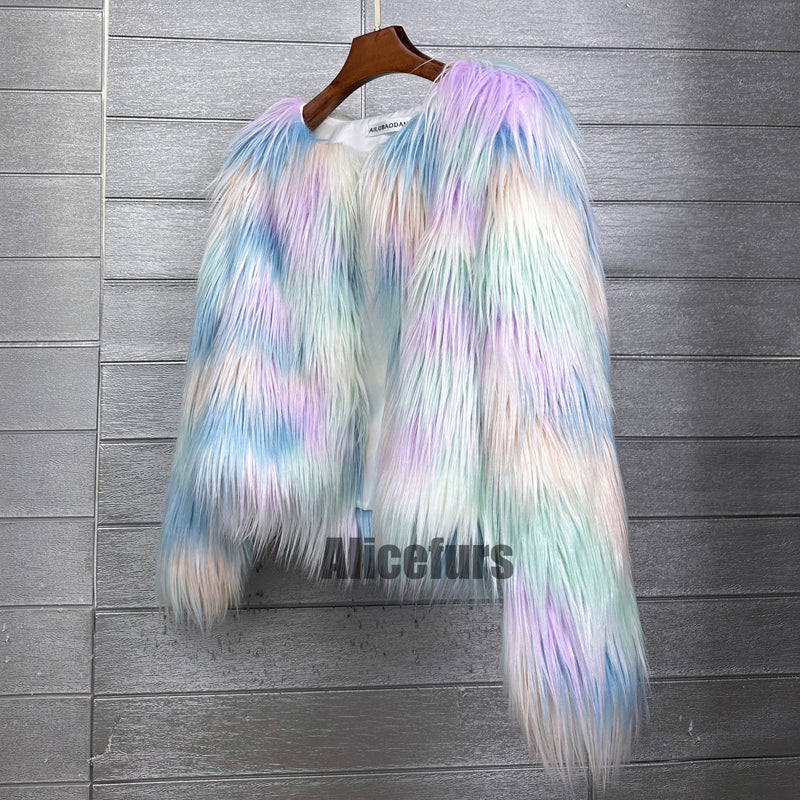 Multicolor Mongolian Fur Jacket Shaggy Short Coat for Women Alicefurs