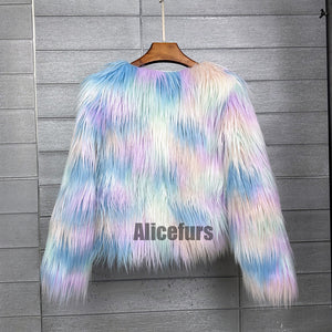 multicolor mongolian fur jacket shaggy short coat for women in unicorn color 2 Alicefurs