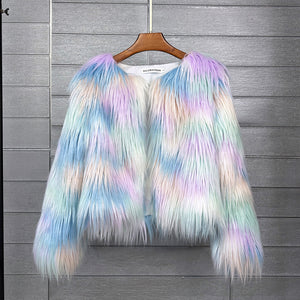 multicolor mongolian fur jacket shaggy short coat for women in unicorn color Alicefurs