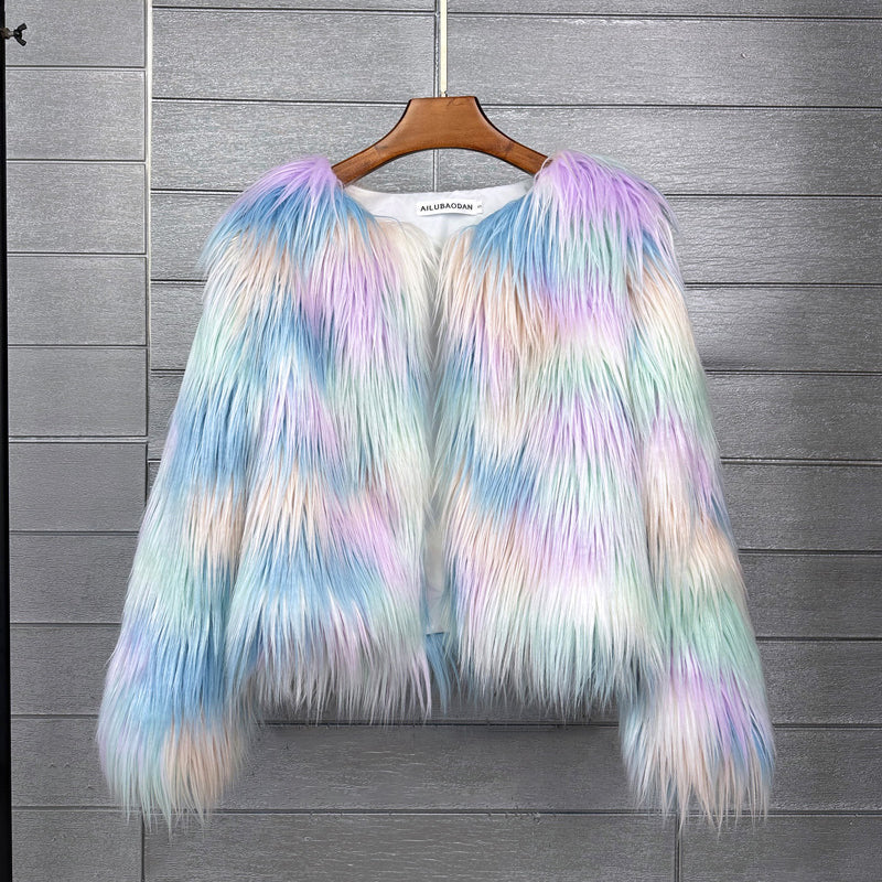 Multicolor Mongolian Fur Jacket Shaggy Short Coat for Women