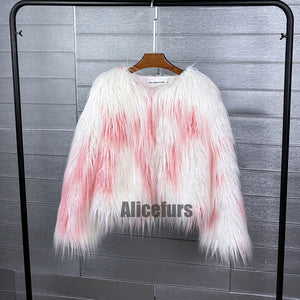 multicolor mongolian fur jacket shaggy short coat for women in white pink 1 Alicefurs