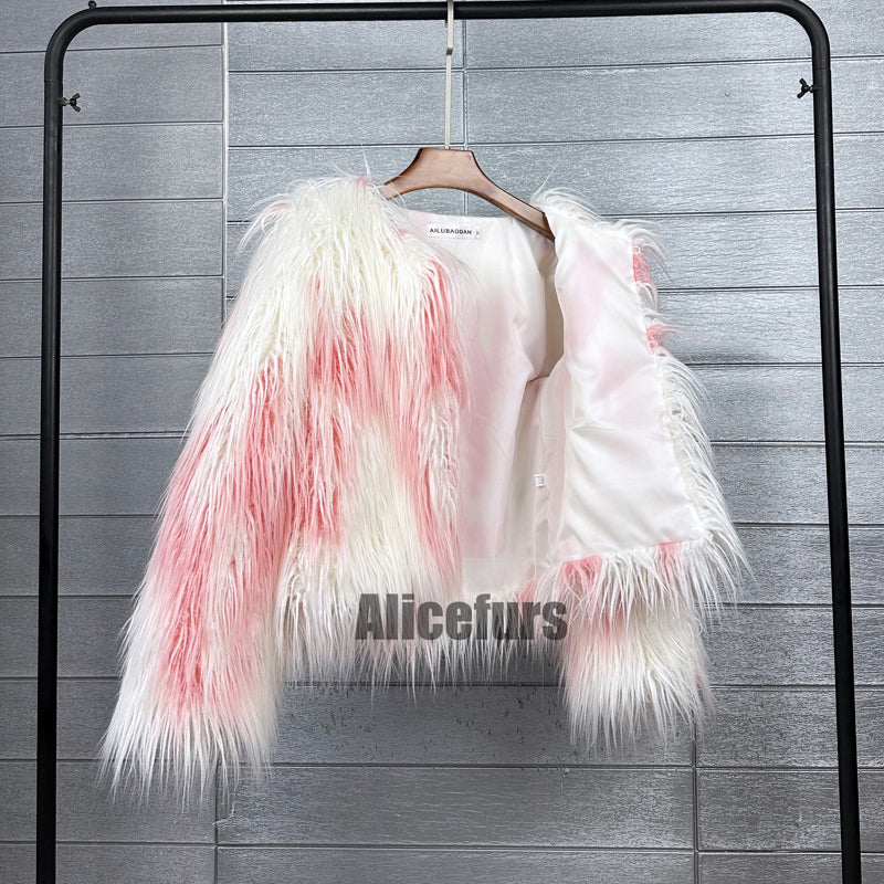 Multicolor Mongolian Fur Jacket Shaggy Short Coat for Women