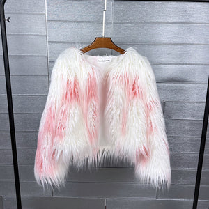 multicolor mongolian fur jacket shaggy short coat for women in white pink Alicefurs