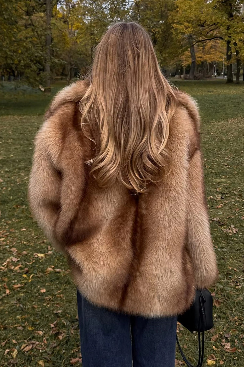 Ombre Faux Fur Jacket Women's Short Fluffy Coat with Lapel Collar