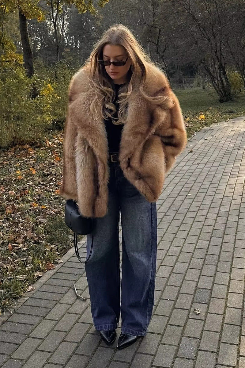 Ombre Faux Fur Jacket Women's Short Fluffy Coat with Lapel Collar
