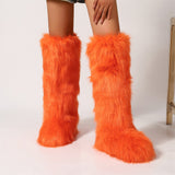 Orange Fur Boots in Knee High Length for Women