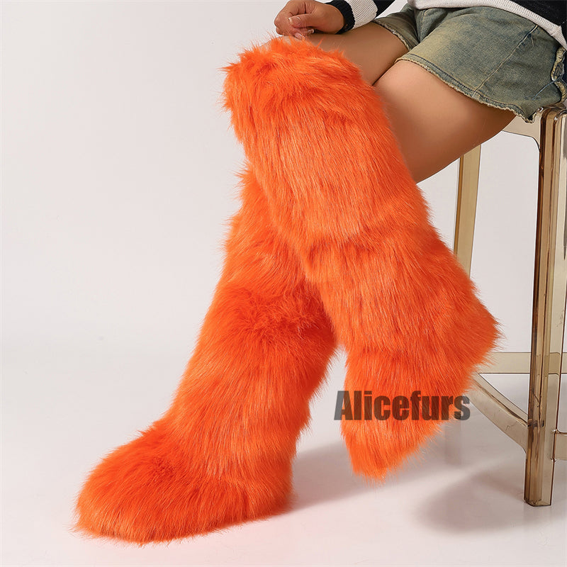 Bottes en fourrure orange à hauteur du genou pour femmes