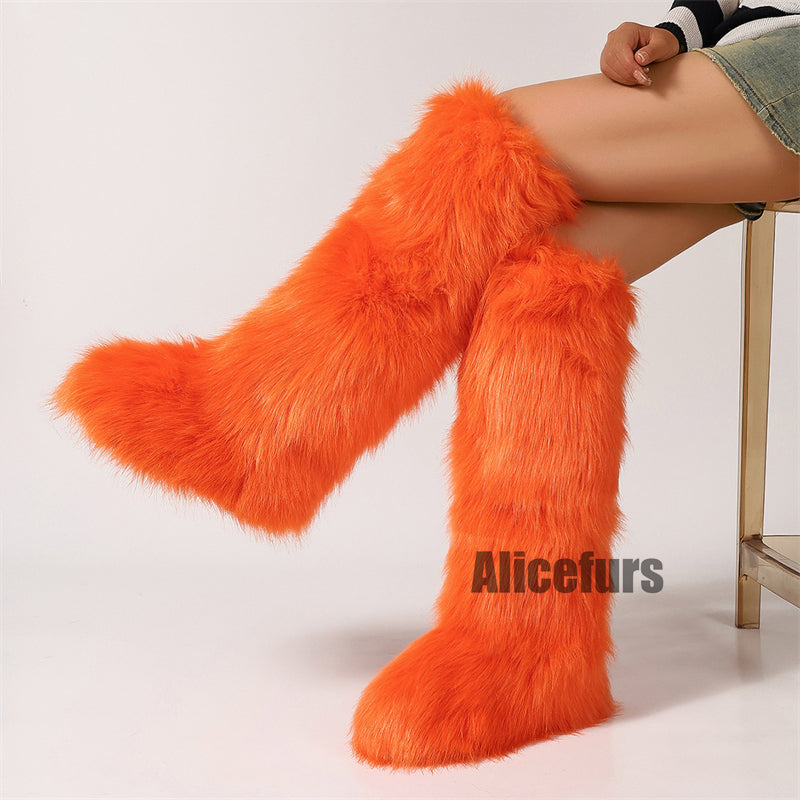 Bottes en fourrure orange à hauteur du genou pour femmes