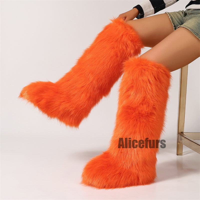 Bottes en fourrure orange à hauteur du genou pour femmes