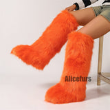 Orange Fur Boots in Knee High Length for Women