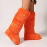 Orange Fur Boots in Knee High Length for Women