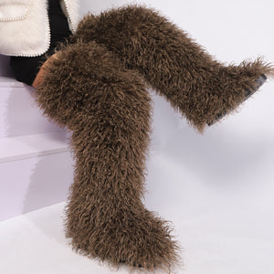 over the knee fur boots for women in chocolate brown Alicefurs