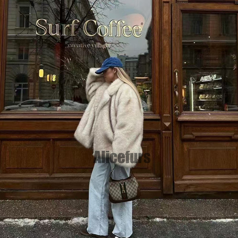 Oversized Fur Coat Lapel Collar Fluffy Winter Overcoat for Women